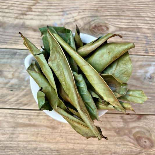 Organic hand-picked soursop leaves from St. Lucia, promoting relaxation and wellness.